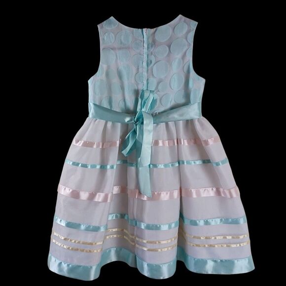 Bonnie Jean Girls Size 6 Easter Dress | Aqua Polka Dot Bow Stripe Spring Formal - Picture 4 of 8